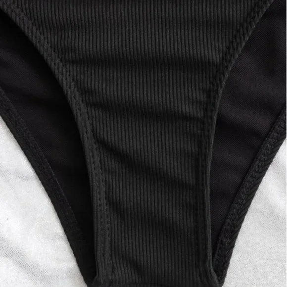 Ribbed Leopard Trim Bandeau High Waisted Bikini Swimsuit. - Picture 6 of 7